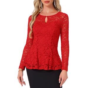 Lace Tops Keyhole Front Peplum Hem Sheer Long Sleeve Blouse Red